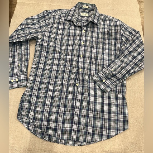 [L]Peter Millar Crown Ease Navy and White Checkered Cotton Button Shirt - Picture 1 of 6